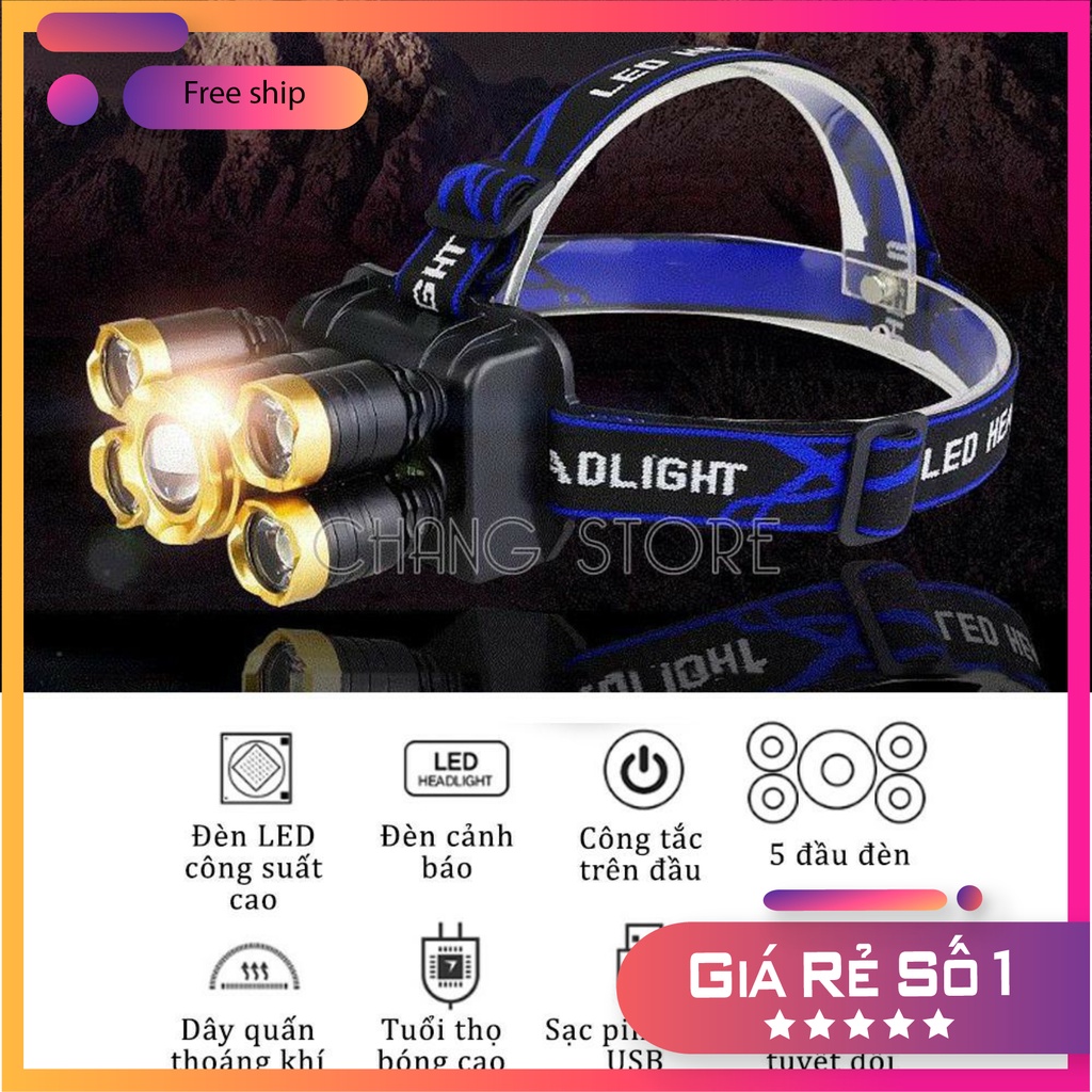 Đèn Pin Đội Đầu 5 Mắt Siêu Sáng Loại Bóng To Bảo Hành 12 Tháng