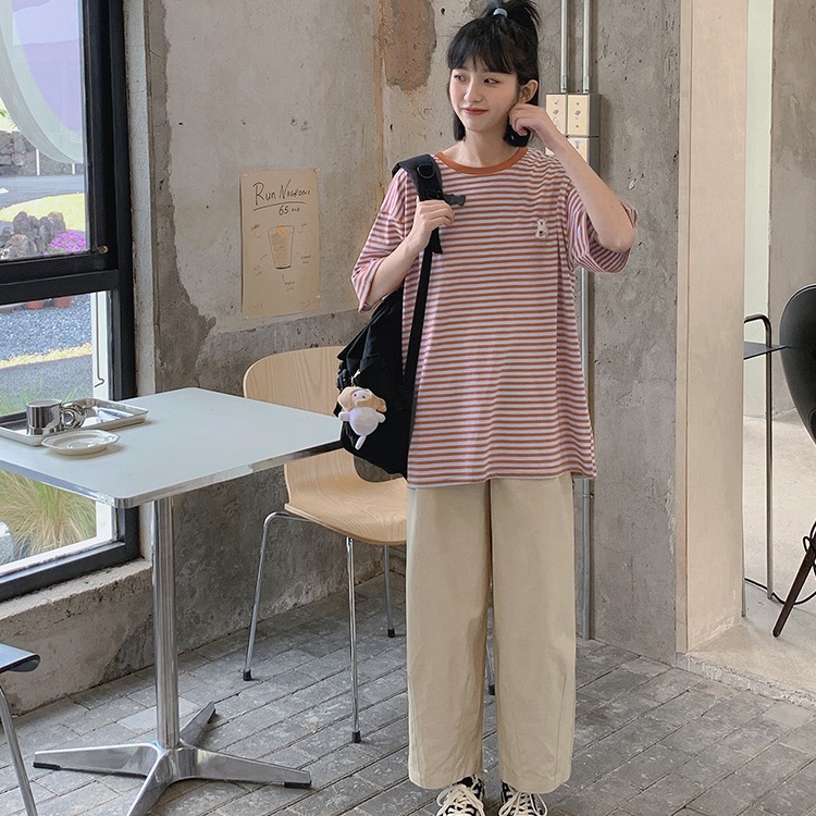 SUXI Áo Thun Tay Ngắn Cổ Tròn Dáng Rộng Họa Tiết Kẻ Sọc Màu Sắc Thời Trang Mùa Hè Xinh Xắn