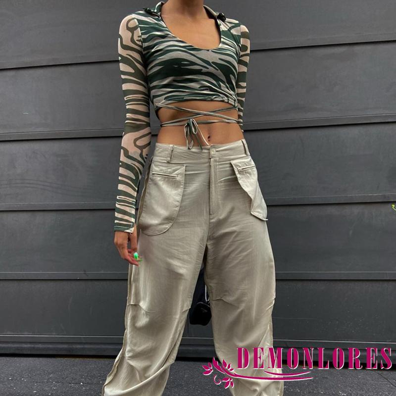 Áo Croptop Tay Dài Cổ Chữ U In Họa Tiết Ngựa Vằn Thời Trang Xuân Hè Quyến Rũ Cho Nữ