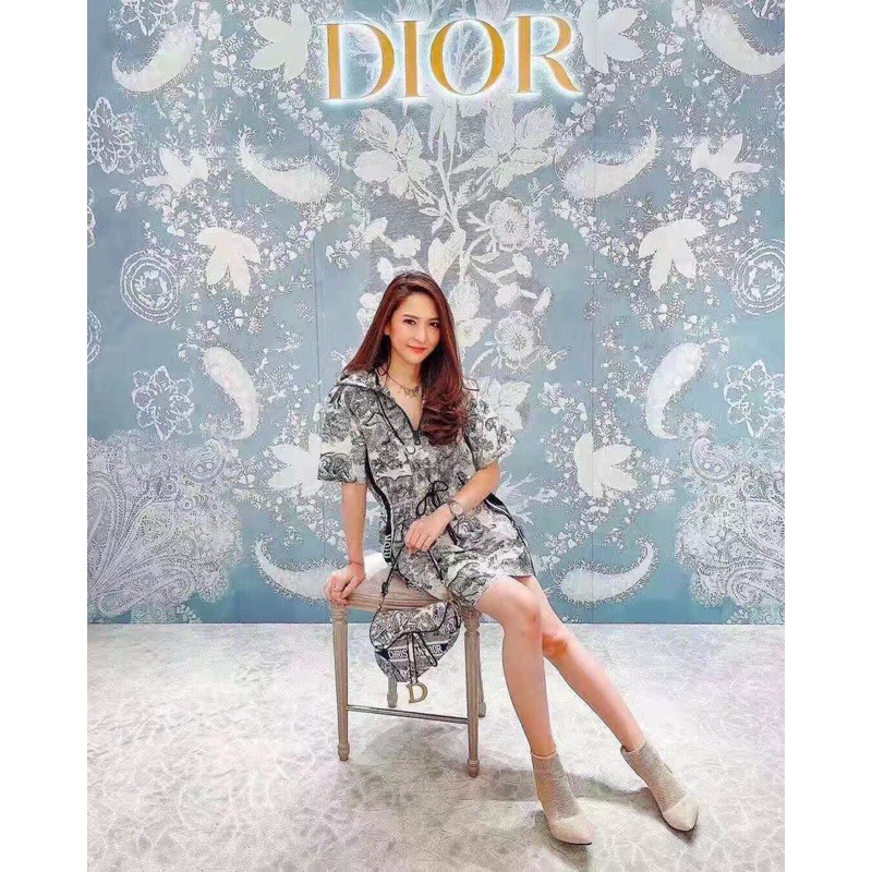 Áo len có mũ trùm đầu in hoạ tiết ngắn tay thời trang nữ dior CD