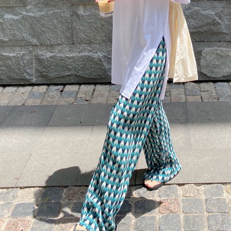 Quần dài XINLANYASHE lưng cao ống rộng họa tiết sọc caro thiết kế mỏng năng động thời trang cho nữ