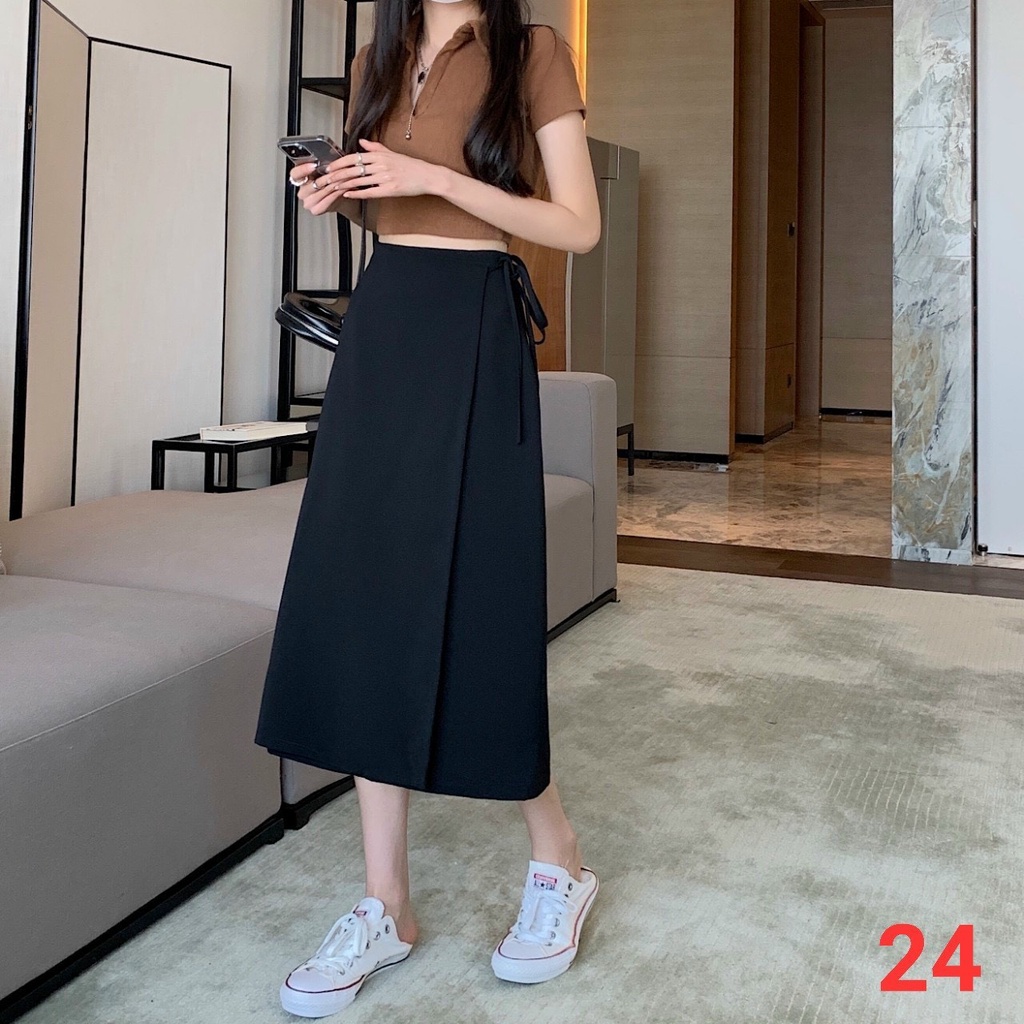 Chân váy nữ phong cách ulzzang lệch vạt cột nơ dáng dài