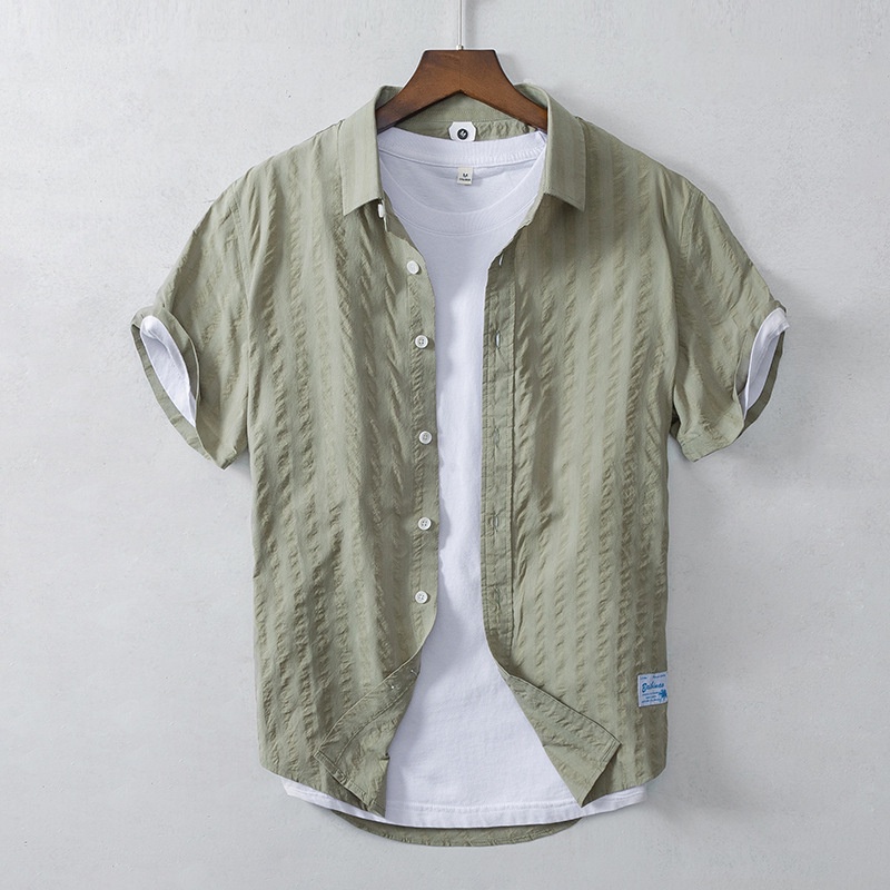Áo Sơ Mi 100% Cotton Ngắn Tay Họa Tiết Sọc Dọc Trẻ Trung Dành Cho Nam