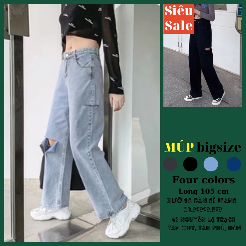 Bigsize  Quần Suông, Quần Jean Lưng Cao, Ống Rộng Rách Sườn Gối V