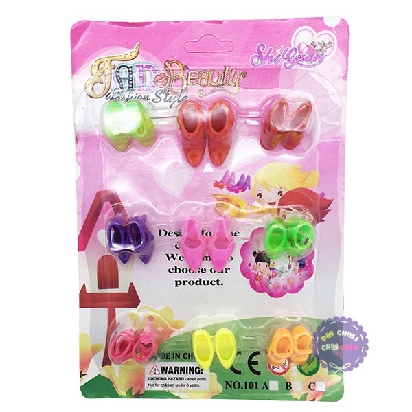 Vỉ đồ chơi 9 đôi giày, dép, guốc cao gót búp bê