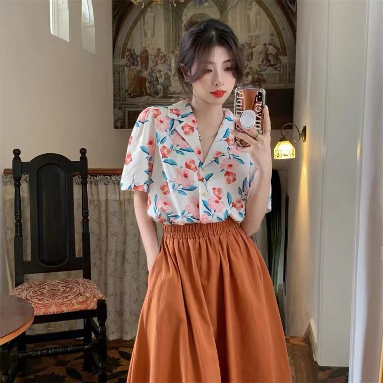 Áo sơ mi SUXI tay ngắn họa tiết hoa thời trang mùa hè cho nữ