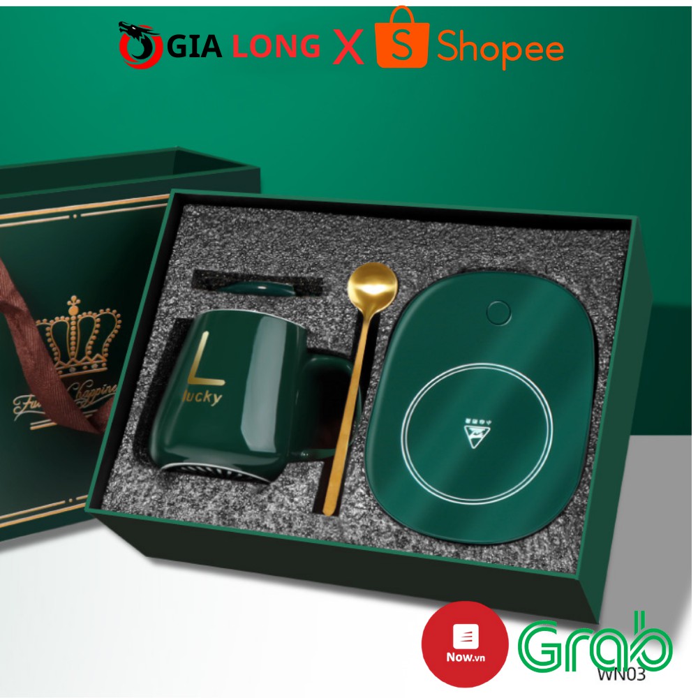 Cốc Hâm Nóng đồ uống kèm đế điện, Bộ ly sứ kèm đế điện hâm nóng trà, cafe, hâm sữa + Tặng kèm thìa vàng, hộp sang trọng