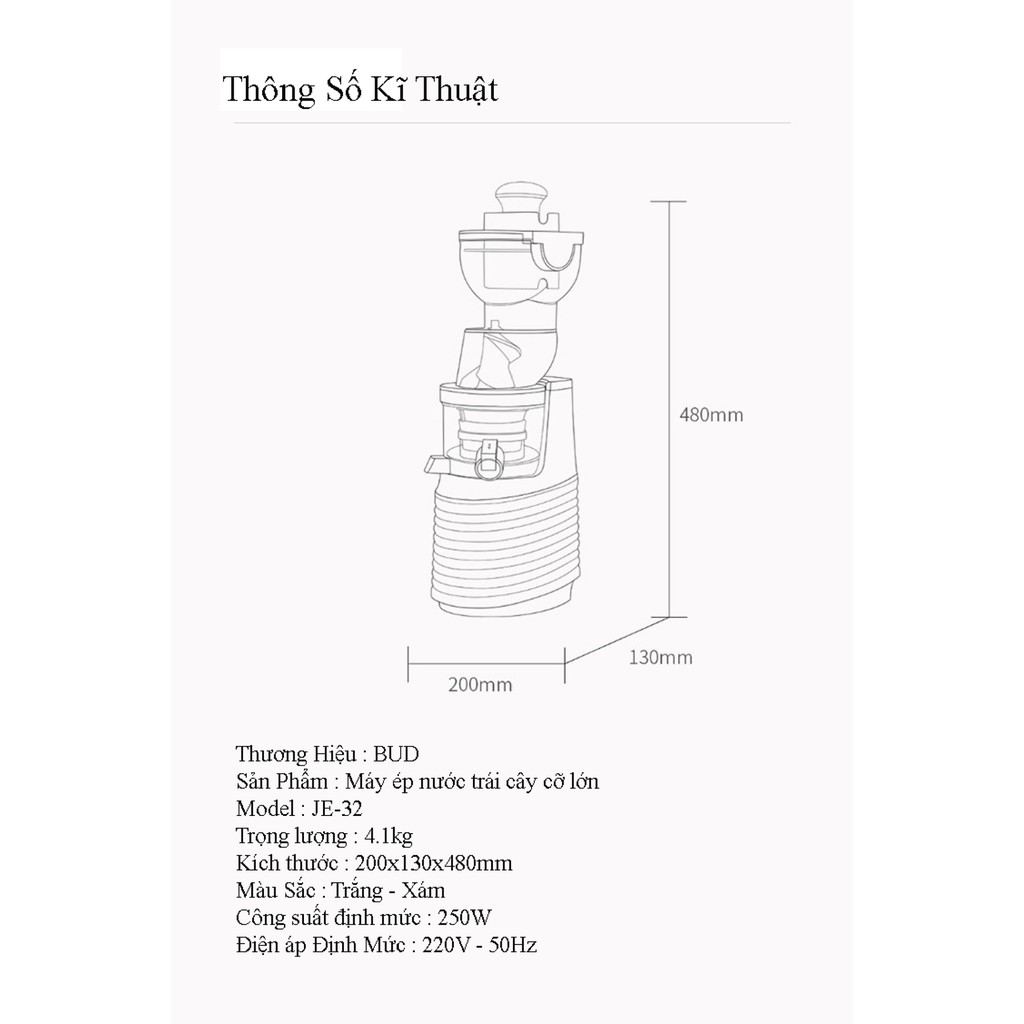 Máy Ép Chậm Trái Cây Hoa Quả Rau Củ Xiaomi BUD BJ32 bản nâng cấp công suất mạnh mẽ 250W cổ rộng