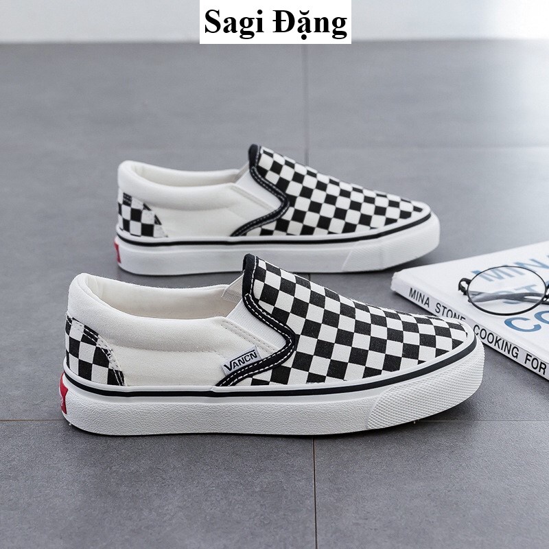 Giày van caro lười nam nữ QC, giày thể thao slip on van caro kẻ đen trắng full box