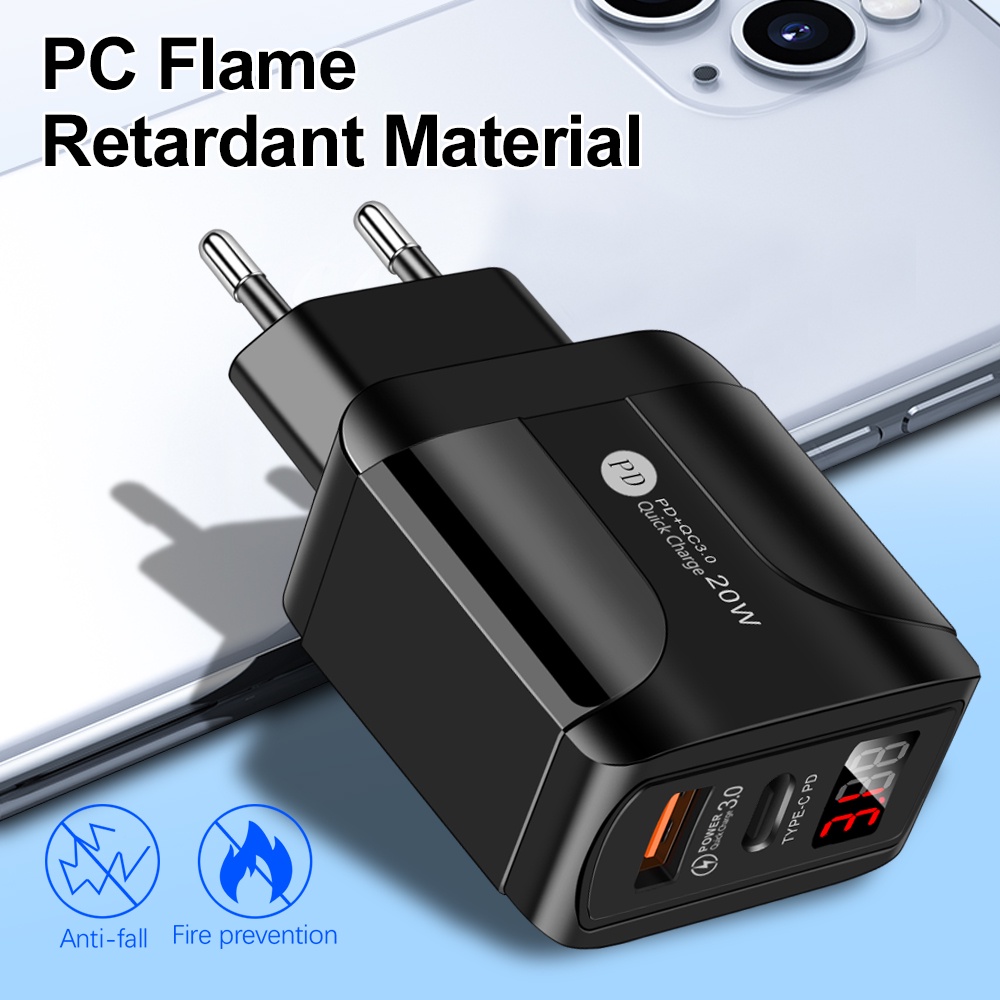 20W+QC3.0 USB Type C  Digital Display Fast Charging Charger