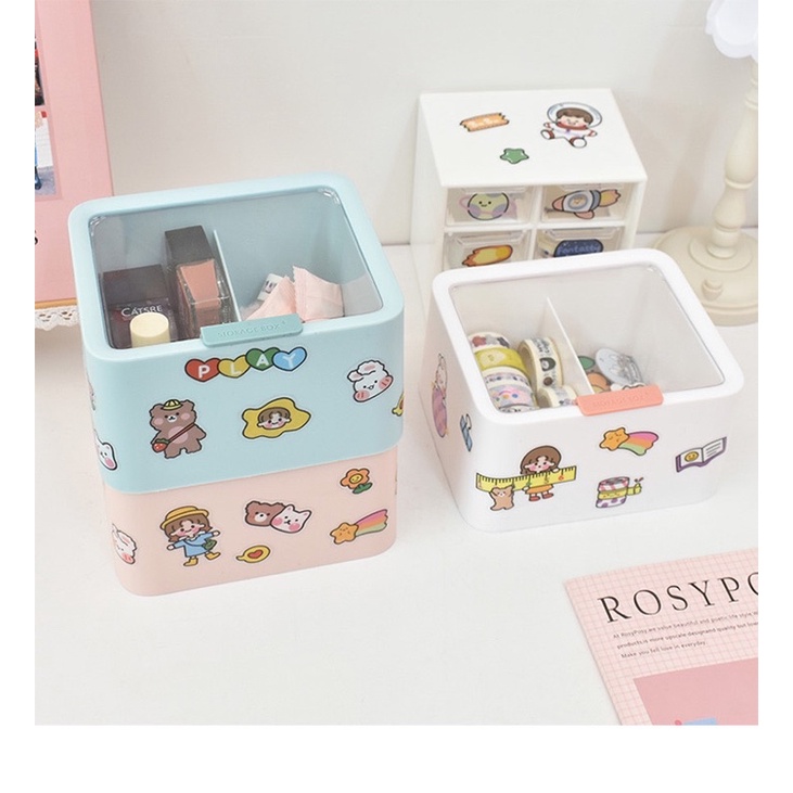 Hộp đựng bông tẩy trang- tăm bông, hộp đựng đồ hai ngăn đa năng- bông phấn màu pastel xinh xăn