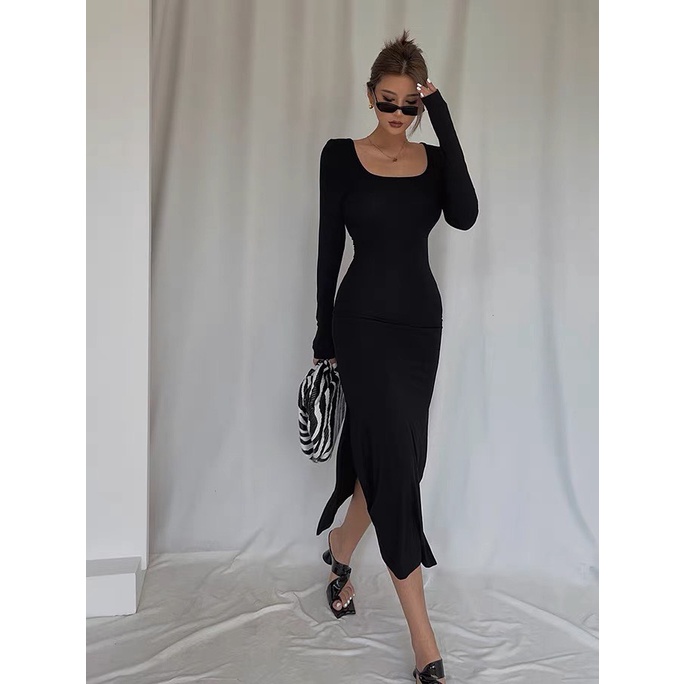 Đầm Maxi Cổ Vuông Tay Dài, Xẻ Tà 2 Bên - Tharo Clothing [DAM00019]