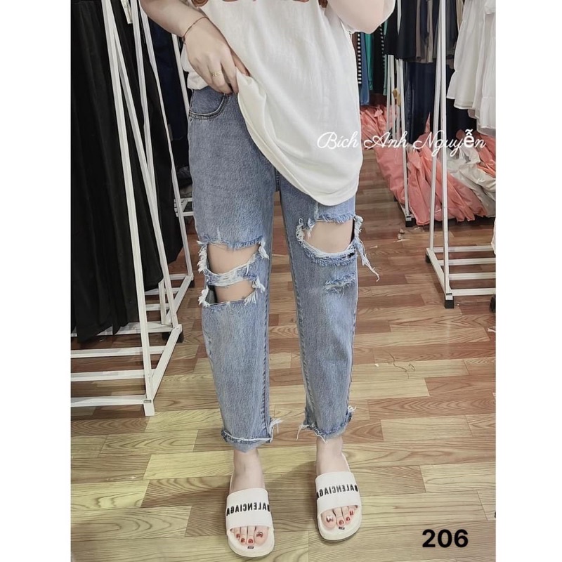 Quần baggy jean rách gối te tua nữ màu xanh nhạt Lê Huy Fashion MS 206