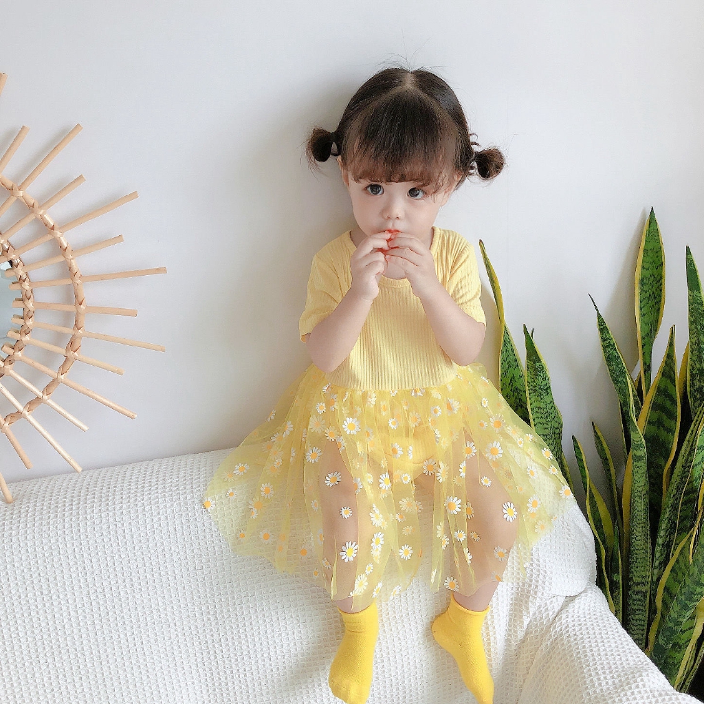 Jumpsuit cotton tutu lưới hoạ tiết hoa cúc công chúa tay ngắn cho bé gái