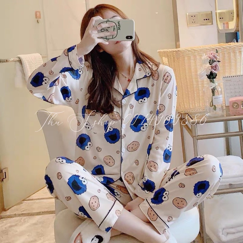Bộ Ngủ Pizama Mặc Nhà Dài Tay Họa Tiết Chất Kate Mềm Set đồ From Rộng Freesize SB2E01