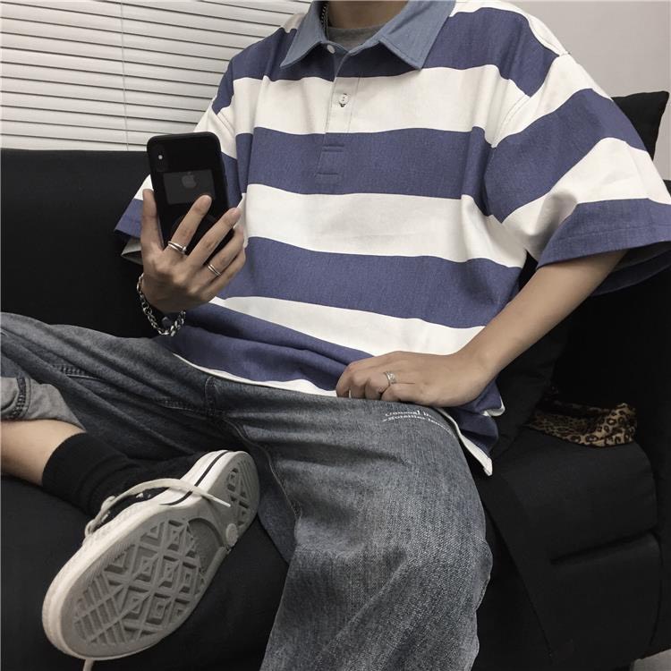 Áo polo tay lỡ,áo polo unisex kẻ sọc ngang form rộng nam nữ mặc cực chất.