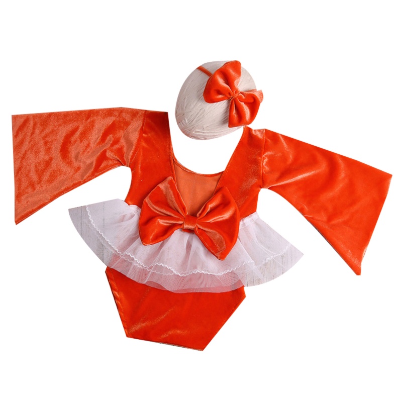 Bộ Áo Liền Quần Dài Tay Phối Ren + Băng Đô Chụp Ảnh Cho Bé