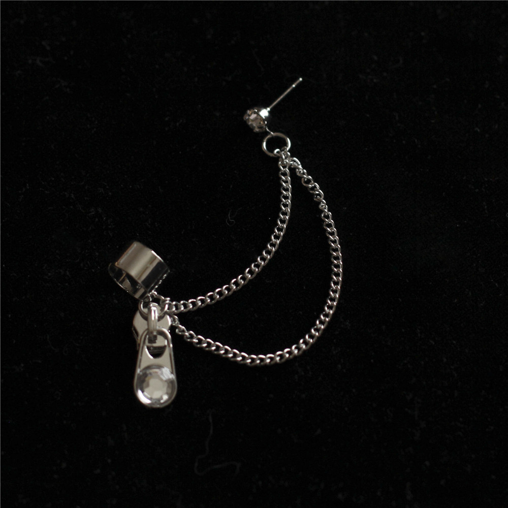 Khuyên tai dáng dài phối mặt hình khóa kéo đính đá thời trang hip hop cá tính