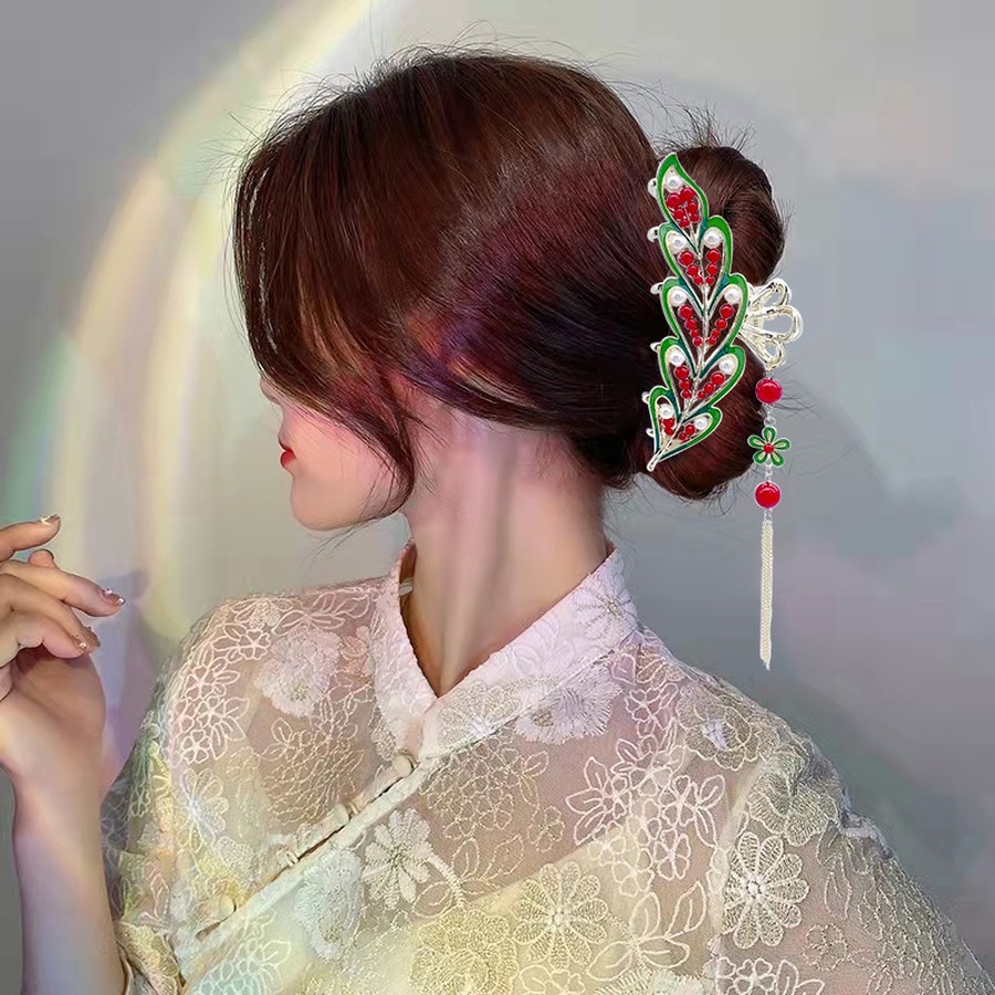 Giá Đỡ Kẹp Tóc Đuôi Ngựa Loại Lớn Đính Đá Pha Lê Tua Rua Cổ Điển Cho Nữ