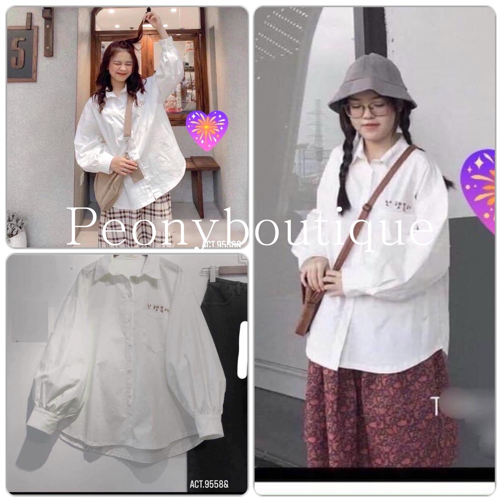 Áo Sơ Mi Trắng Chữ Hàn PEONYB Nữ [FREESHIP] 🌸 Thun dài tay bồng form rộng overisze, phông trơn cổ đức bánh bèo Ulzzang 🌸