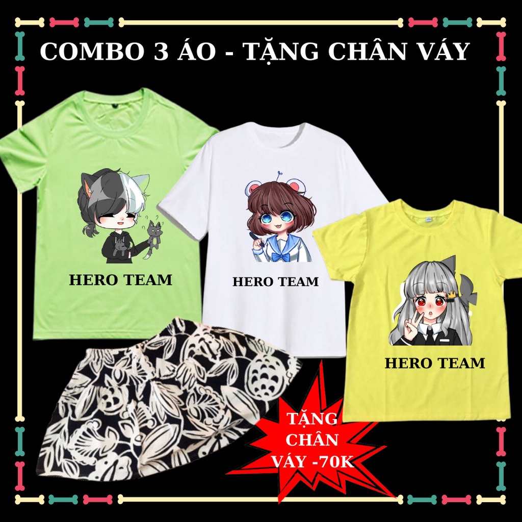 Tặng chân váy bé gái trị giá 70k- Combo Áo Chara, Sans, Hero Team, Baby Shark tay ngắn cho trẻ em