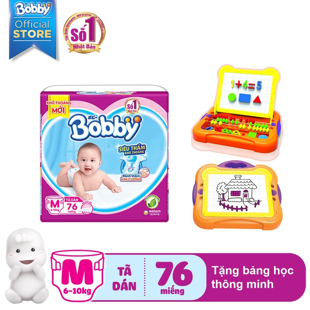 [Tặng 1 bảng học thông minh] Tã dán Bobby siêu thấm - khô thoáng M76/L68/XL62/XXL56
