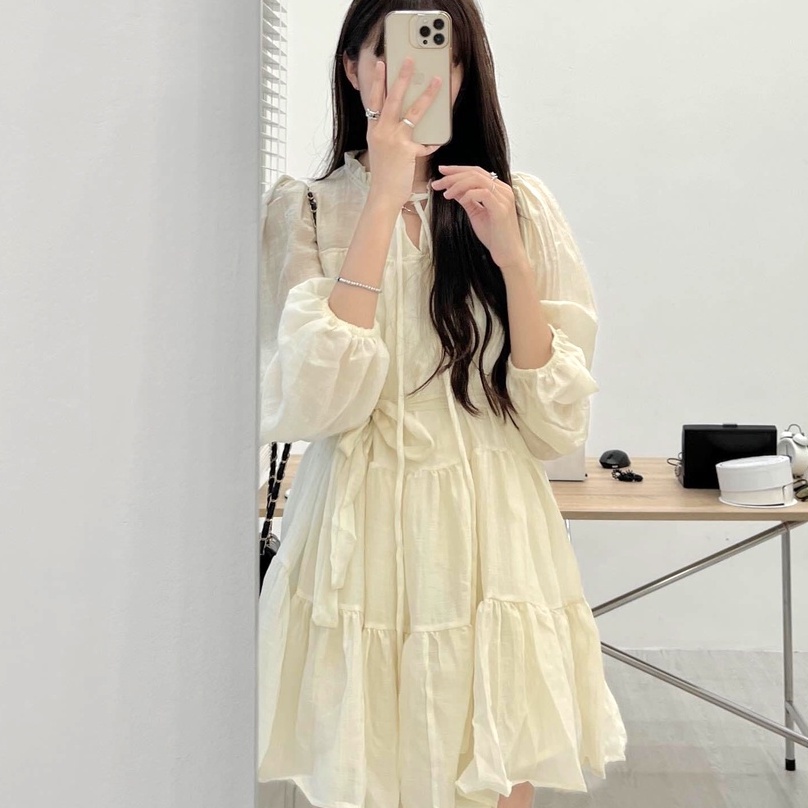 Váy babydoll dáng ngắn, váy đầm nữ dài tay tầng 2 lớp voan tơ xước freesize phom suông thắt eo hàn quốc Wikishop C1092