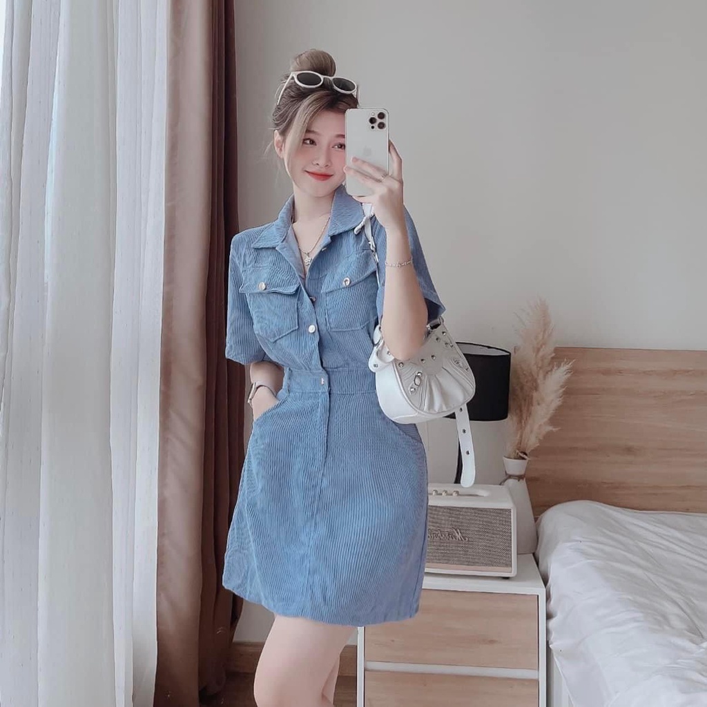 Váy suông sơ mi túi hộp dáng ngắn vải nhung tăm, đầm nhung cộc tay nữ tính