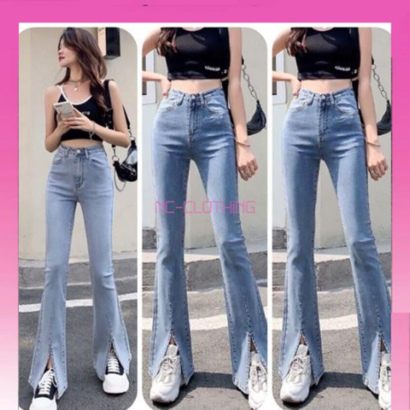 quần loe xẻ gấu màu xanh nhạt co dãn cao cấp hach dáng