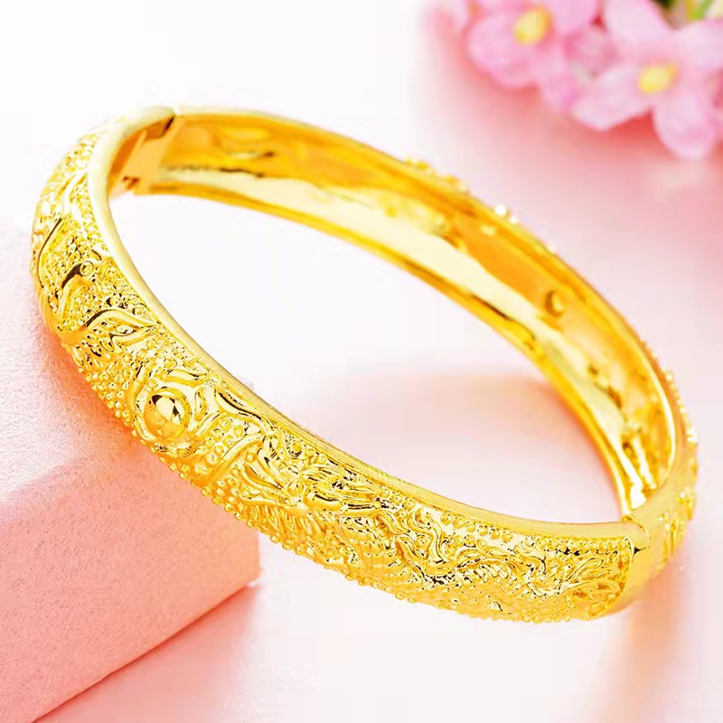 Xinxin Vòng tay cưới mở bằng đồng thau mạ vàng 24k cát vàng rồng phượng Name Brace phụ nữ Khăn tủ