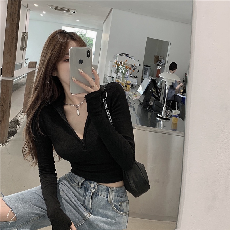 Thời Trang Áo Thun Lửng Tay Dài Phối Khóa Kéo Cho Nữ