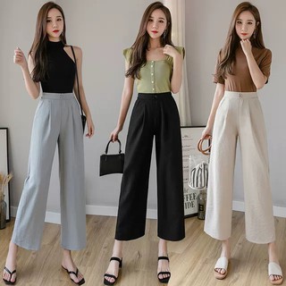 Quần đũi ống xuông lưng cao khóa thật lưng chun - quần ống rộng vải đũi Màu Đen Kem chất mát - Mặc ở nhà đi học công sở