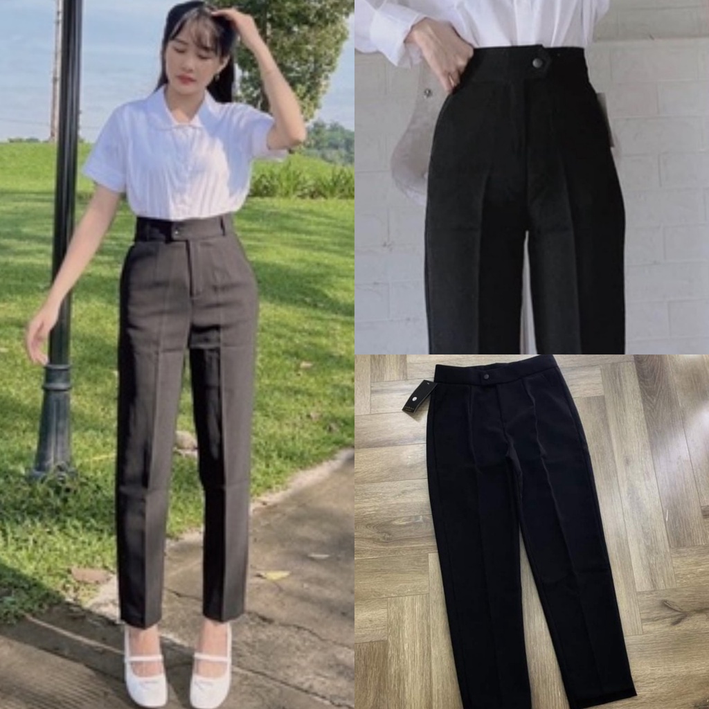 Quần tây baggy nữ công sở đi học khuy lệch màu đen cạp lưng cao ống đứng dáng âu Quần vải nữ học sinh tuyết mưa cạp cao