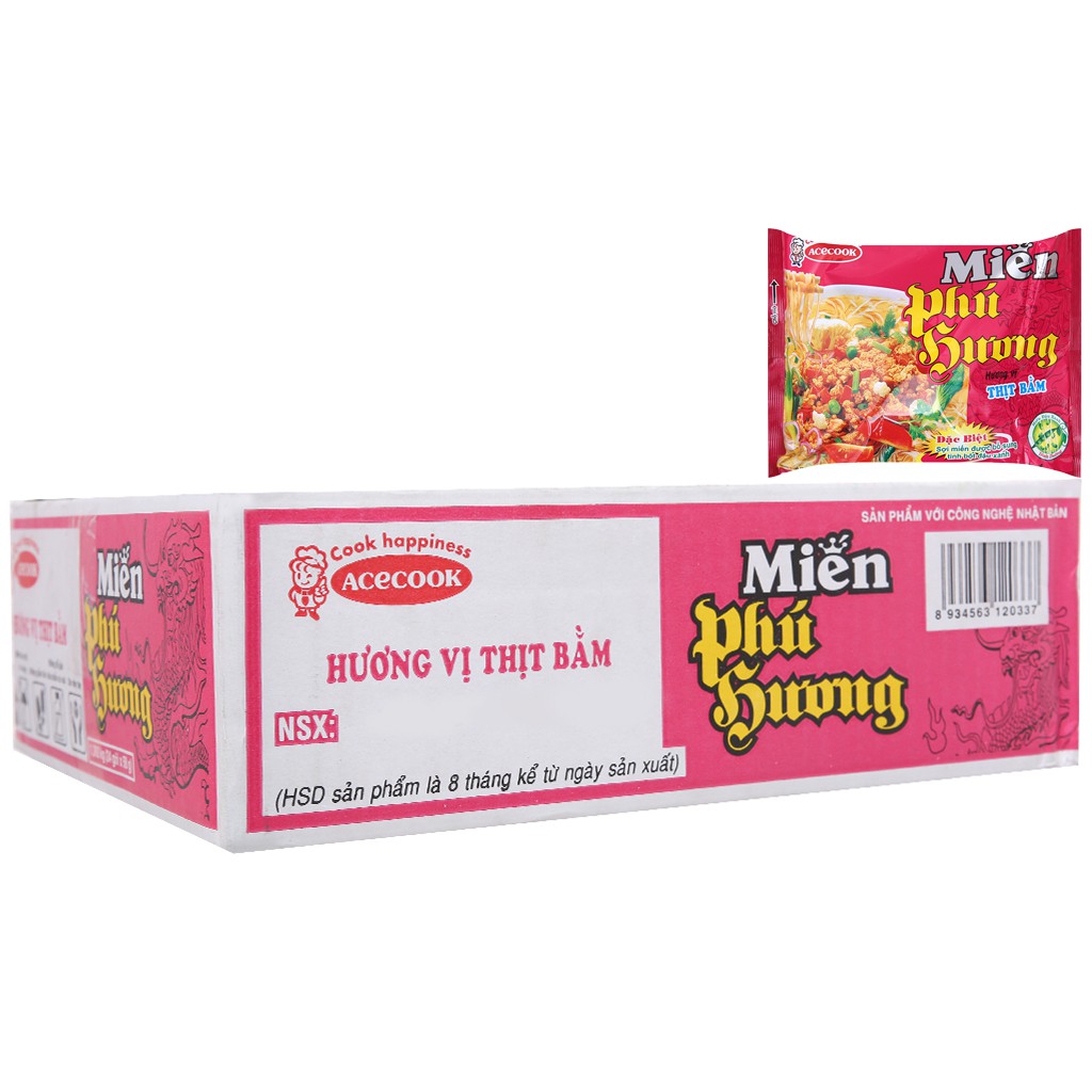 Thùng 24 Gói Miến Phú Hương Sườn Heo/Thịt Bằm/Lẩu Thái Tôm 58gr