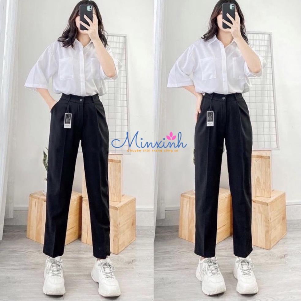 Quần Baggy Nữ Đi Học Cạp Có Đai Lưng Đỉa Màu Đen, Quần Vải Công Sở Chất Tuyết Mưa Kiểu Dáng Baggy Trơn Đẹp