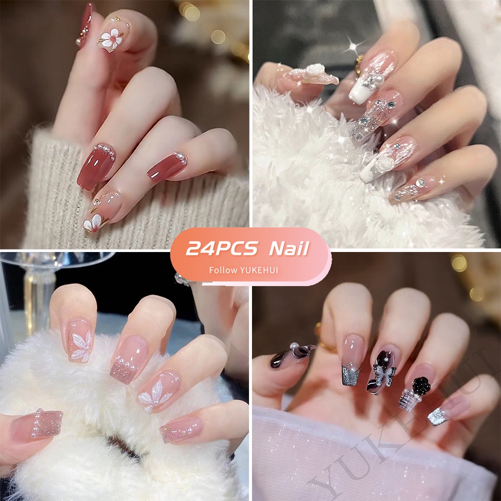 2476 YUKEHUI bộ móng tay giả set móng giả trong suốt móng tay giả đính nơ móng tay giả dài đính đá móng giả đẹp bộ móng tay giả đính đá móng tay giả đính đá ngắn   móng tay giả kèm keo