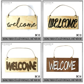 Phụ kiện trang trí: Bảng treo cửa vintage hình chữ nhật khắc nổi 3D chữ WELCOME bằng gỗ - Wooden Studio
