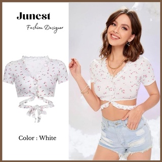 Áo croptop tay ngắn junest croptop hoa nhí dây rúm bèo cột eo crthn01
