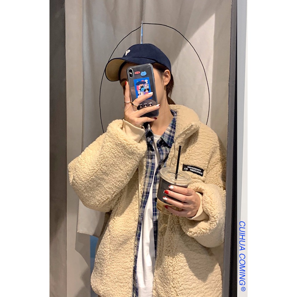 Áo Khoác nữ form rộng, áo khoác lông cừu Ulzzang nữ cổ đứng màu be | BigBuy360 - bigbuy360.vn