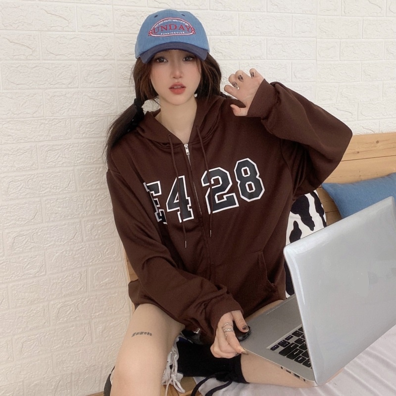 Áo Hoodie Dáng Rộng Có Khóa Kéo In Chữ Thời Trang Dễ Phối Đồ