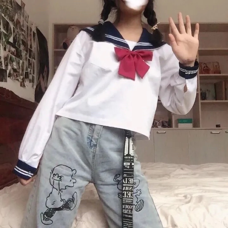Quần jeans ống suông rộng hoạ tiết hoạt hình Phong cách Ulzzang Hàn Quốc