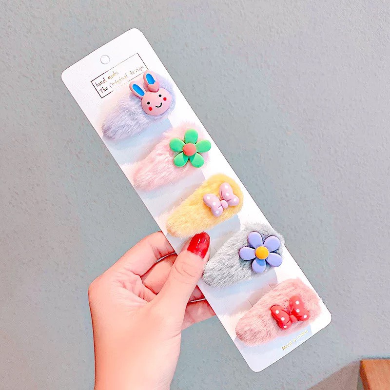 Set 5 kẹp tóc lông nhung cực xinh xắn dễ thương phong cách Hàn Quốc cho bé gái - Z10