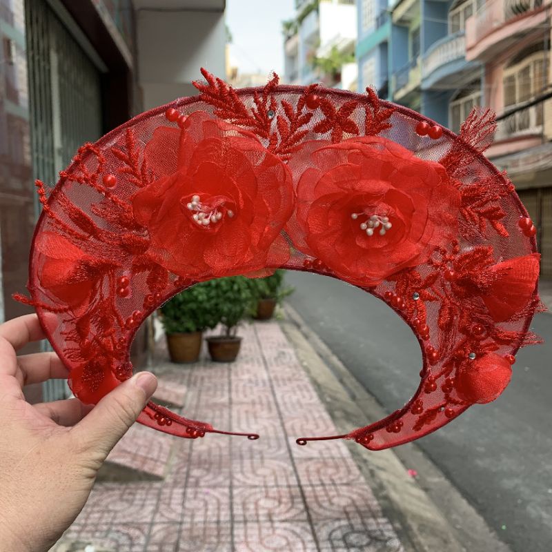 Mấn lưới cô dâu hoa voan đính ren