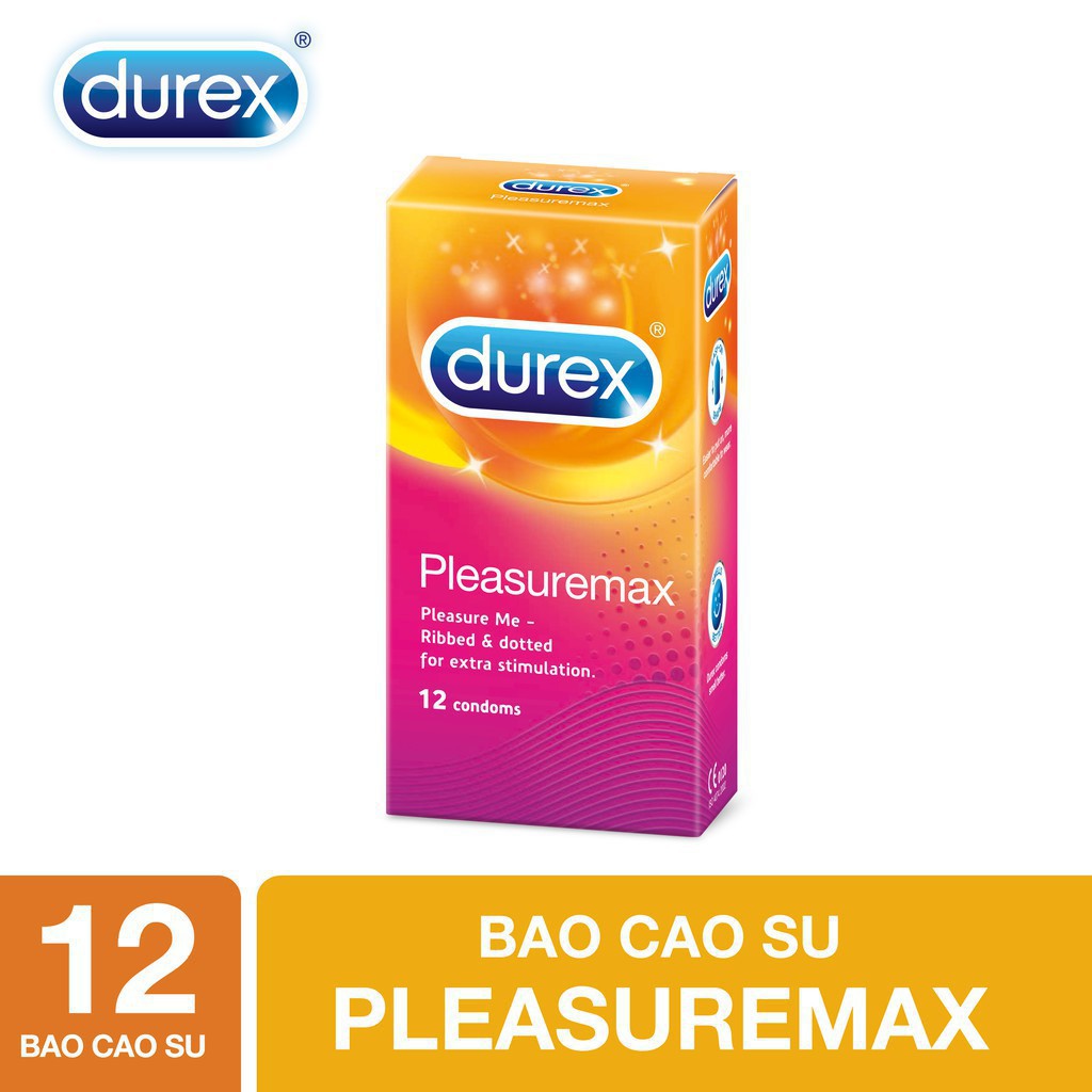 Bao cao su Durex Pleasuremax có gân và hạt nổi quanh thân giúp gia tăng khoái cảm, tạo cảm xúc hộp 12 bao
