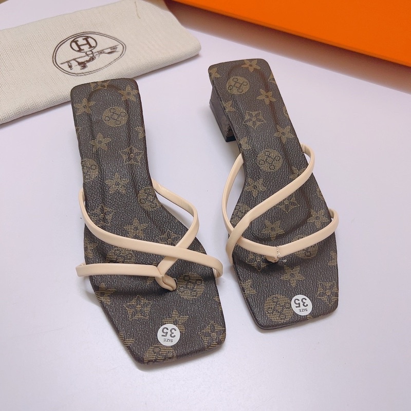 Dép guốc cao gót 4p Eo vì nâu kẹp ngón phối quai chéo 4 màu