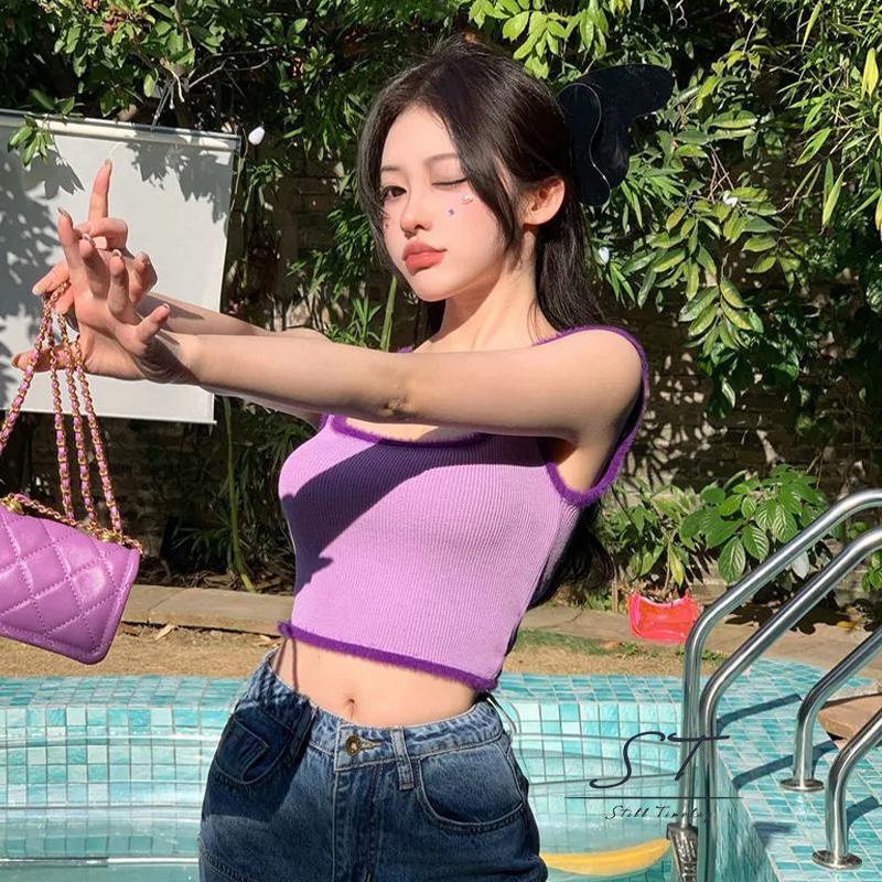 NFW-Women Summer Crop Tops, Plush Hem Decor Ribbed Bottoming Sleeveless Elastic U-neck Camisole