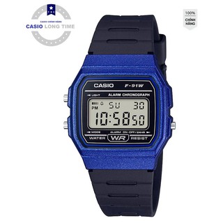 Đồng Hồ Nam Casio F-91WM-2ADF Dây Nhựa Đen - Viền Mặt Màu Xanh - Chống nước - Tuổi T