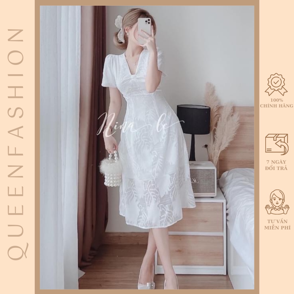 Đầm trắng cổ tim nơ ngực thanh lịch, sang trọng