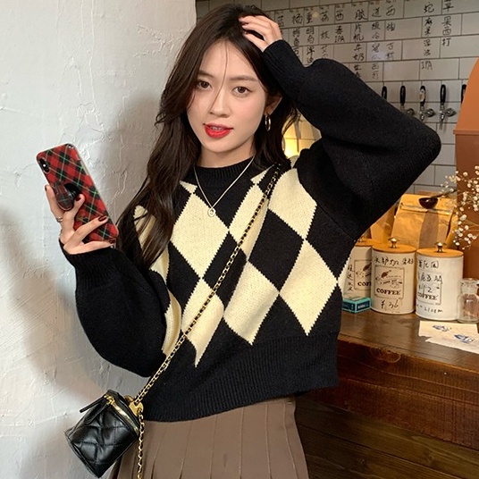 Áo Sweater Dệt Kim Dáng Rộng Màu Sắc Tương Phản Phong Cách Retro Dành Cho Nữ