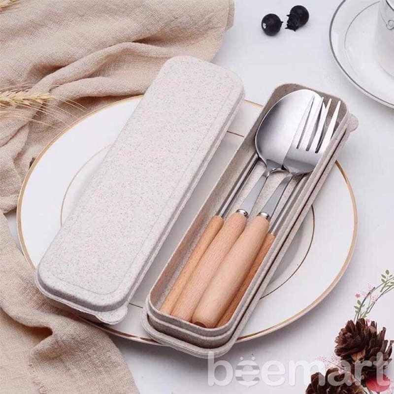 Bộ đũa, thìa, dĩa cán gỗ hộp đựng lúa mạch
